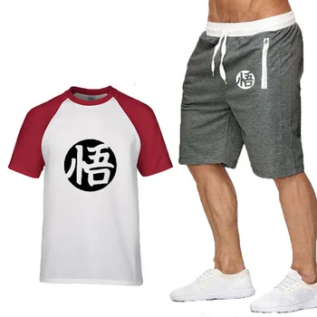 

Summer Men's Short-sleeved Anime Dragon Ball Z Casual High-quality Cotton Son Wukong Men's Raglan T-shirt + Short Suit 2 Pieces