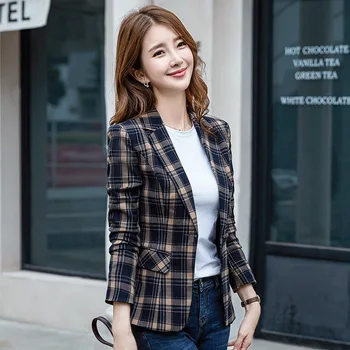 

Women's single coat 2019 autumn new casual fashion temperament slim slimming wild plaid double-breasted small suit women's shirt