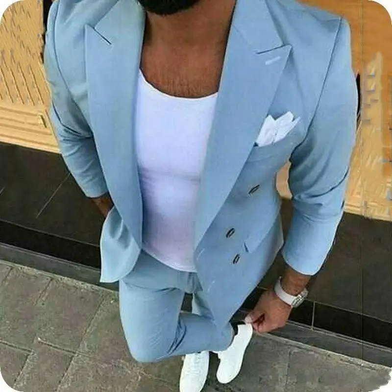 14-0 Men's Wedding Groom 2 Piece (Jacket + Pants) Lapel Sky Blue Casual Double-Breasted Slim Tuxedo Set Men