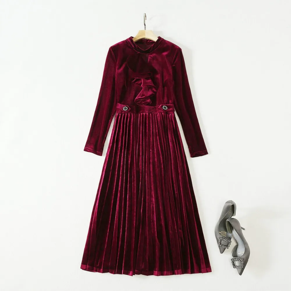 Autumn Runway Designer High End Women Velvet Dress Pure Color Stand Collar Ruffled Long Sleeve Pleated Dress 2 Colors