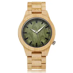 Часы из натурального бамбукового дерева, мужские наручные часы из цельного дерева, уникальный зеленый циферблат, аналоговые кварцевые