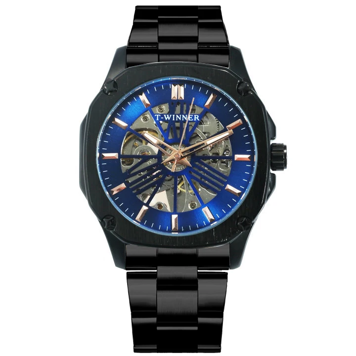 BLACK BLUE WINNER официальный розовое золото автоматические механические мужские часы лучший бренд класса люкс Скелет квадратный циферблат Винтаж Бизнес наручные часы - Цвет: BLACK BLUE