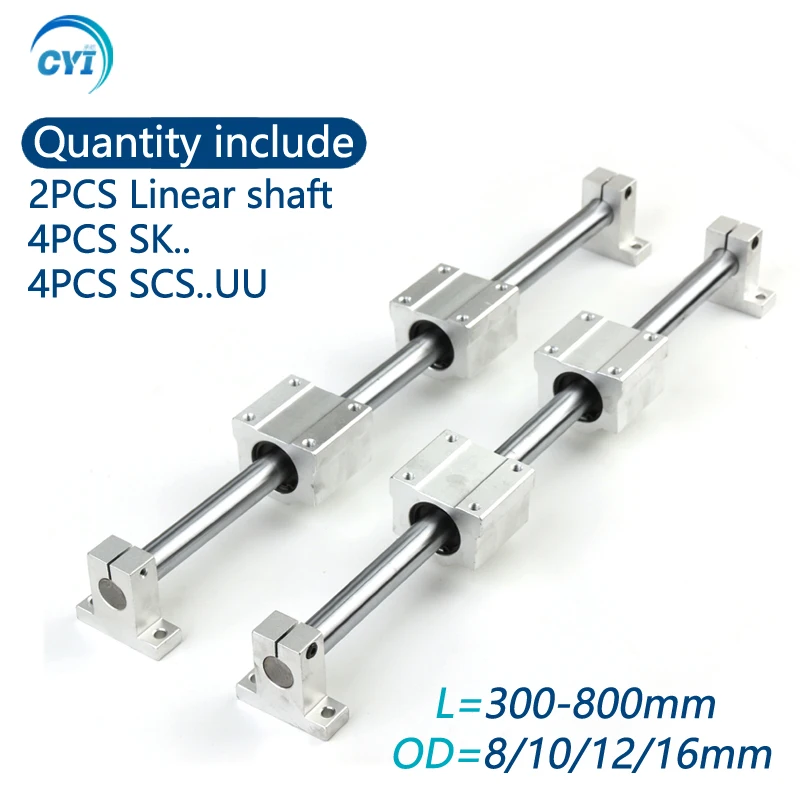 2Pcs Linear Rail Shaft OD8/10/12mm 300-800mm Optical Axis 4Pcs SCS8/10/12UU Linear Bearing Blocks 4Pcs SK8/10/12 Bearing Support linear shaft rod linear bearing