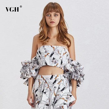 

VGH Hit Color Printed Short Shirts For Women Slash Collar Puff Sleeve Off Shoulder Sexy Blouses Female 2020 Fashion Summer New