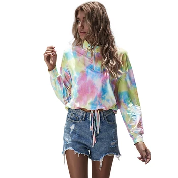 

Sexy Short Tops Tie Dye Shirts Women Zipper Long Sleeve Tshirt Women Gradient Patchwok Contrast Top Streetwear 2020