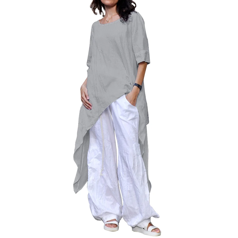 Летняя Свободная Женская хлопковая блузка размера плюс, Повседневная Асимметричная туника с рукавом три четверти, мешковатая длинная блуза, S-5XL - Цвет: Серый