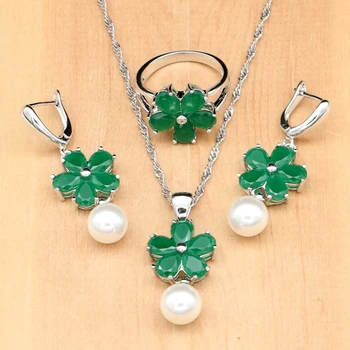 

Green Cubic Zirconia White Pearls Beads 925 Silver Jewelry Sets For Women Wedding Earrings/Pendant/Necklace/Ring/Bracelet