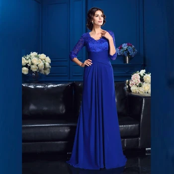 

Hot Sale Graceful Royal Blue Lace 3/4 Sleeves Mother of the Bride Dresses V Neckline Pleating Wedding Guest Gowns 2020