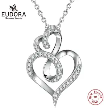 

EUDORA 925 Sterling Silver Classic Double Heart Crystal Pendant Necklace Two Love Knot Women Necklaces Pure Silver Jewelry D314