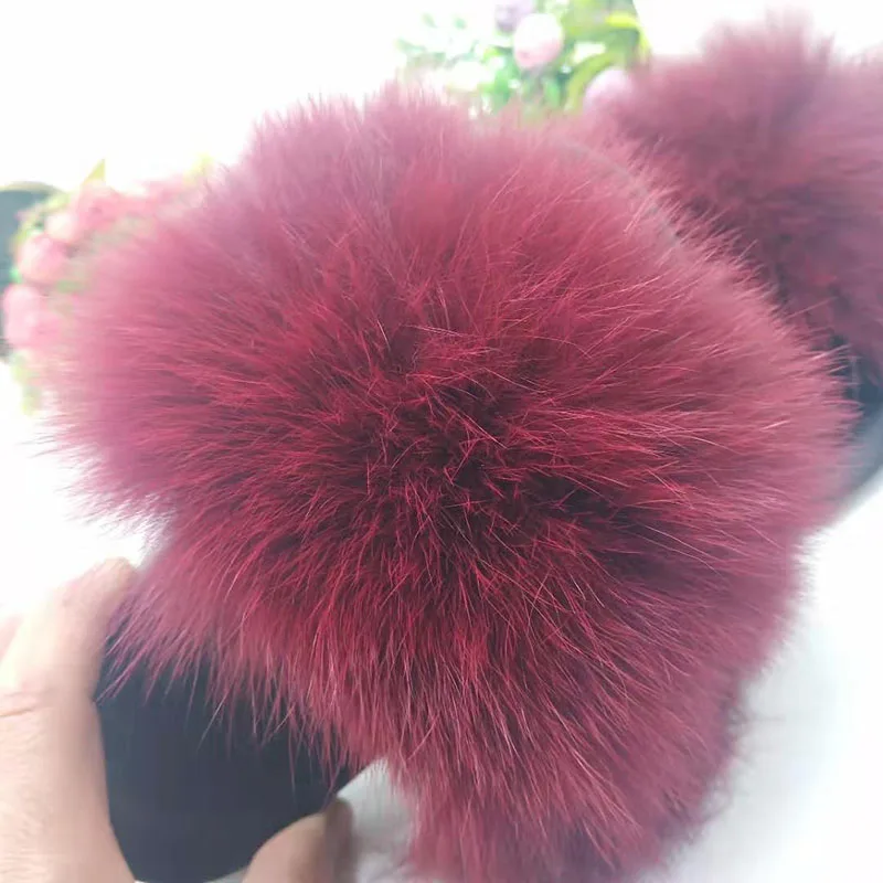 Wine Red Детские меховые тапочки; женские шлепанцы с натуральным лисьим мехом; Домашние меховые сандалии на плоской подошве; детская Милая пушистая домашняя обувь; Роскошные детские меховые вьетнамки - Цвет: Wine Red