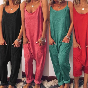 

Women Casual Loose Pocket Jumpsuits Summer Beach Romper Solid Sleeveless Overalls Jumpsuit Broadcloth