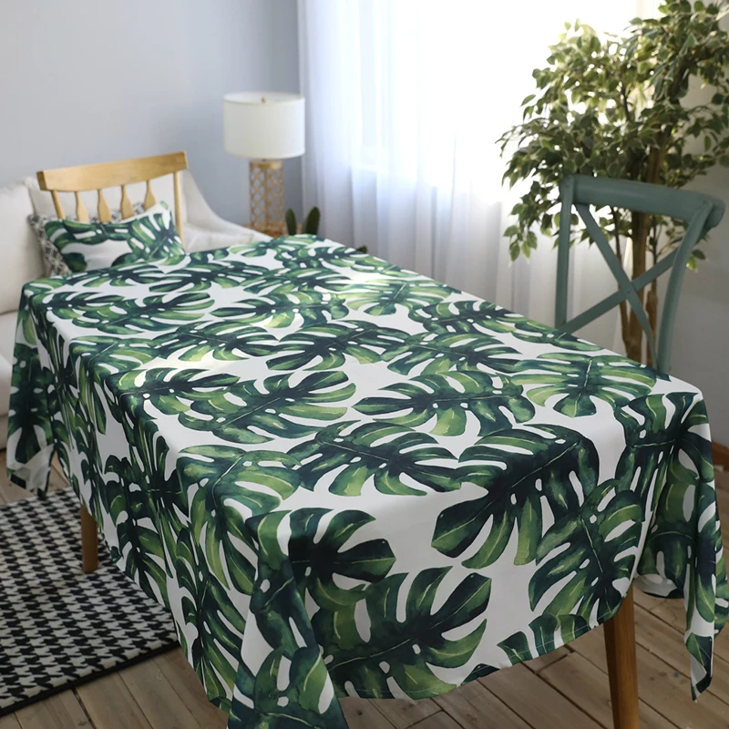 

Plastic cotton rectangular Tablecloth green leaves printed Waterproof Oilproof kitchen dining Table colth Cover Mat washable