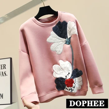 

2020 New Female Space Cotton Floral Sequins Stylish Pullover Shirts Spring Women Loose Hoodie Round Collar Students Sweatshirts