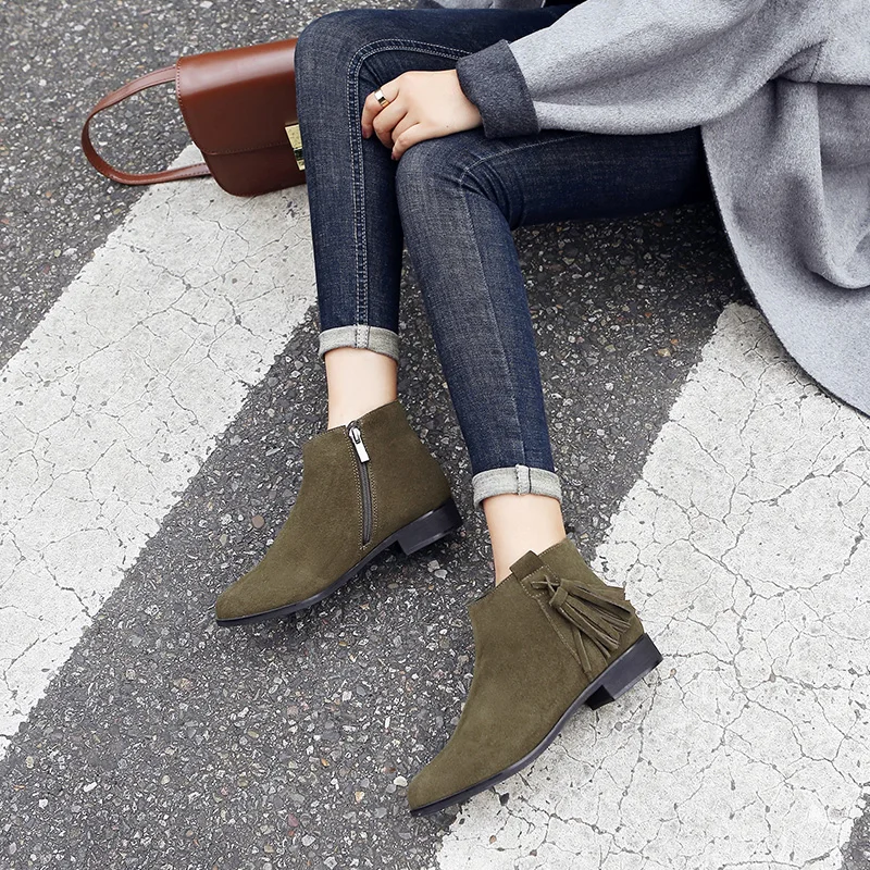 NEW Flock Leather Women Boots Dark Green Female Tassel Round Toe Zip-up Autumn/Winter Ankle Boots M887