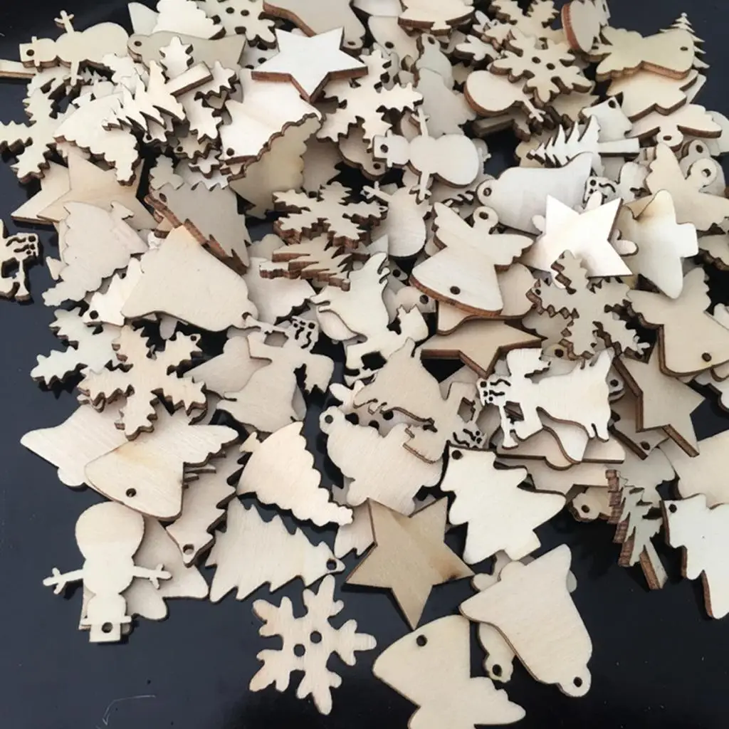 50 Pcs Trees Shapes Nature Decorations Sets for Kids - Angle, Ring Bell, Tree, Snowflakes Shaped Wooden Embellishments