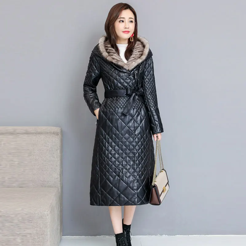 Luxury Fashion Down Jacket Women's Clothing Hooded Mink Fur Collar Leather Jacket Female Waist Slim Long Down Coat Women - Цвет: black