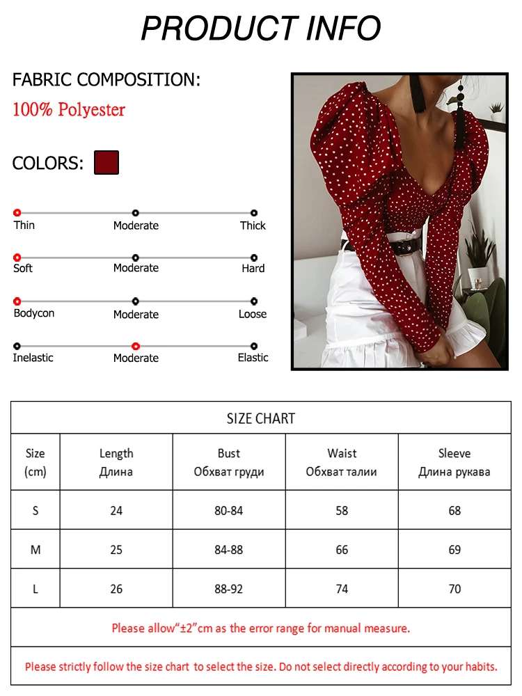 OOTN-Vintage-Polka-Dot-Women-Puff-Long-Sleeve-Wrap-Top-Elegant-2019-Lace-Up-Red-Crop