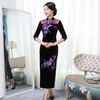 

Embroidery Floral Ladies' Qipao Dresses Vintage Button Velour Sexy Cheongsam Large Size 3XL-4XL Vestidos Long Chinese Dresses