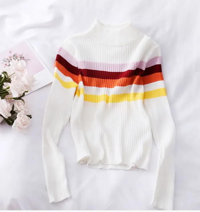 Осенний женский полосатый свитер джемперы с воротником укороченный свитер пуловер укороченный Топ для женщин LJM9367 - Цвет: white 2