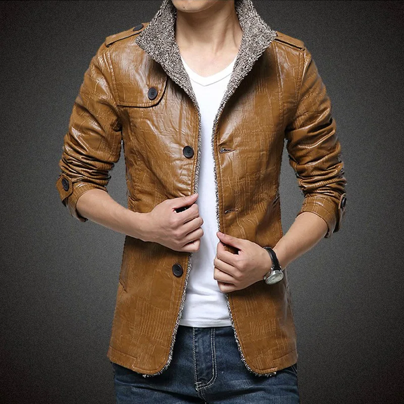 Winter New Style Men Korean-style Slim Fit Fashion-Leather Coat Warm Men's plus Velvet PU Leather Jacket Large Size Casual