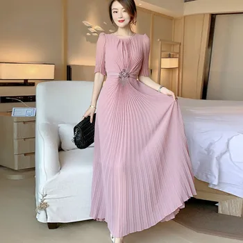 

Designer Fashion Summer Dress Women 2020 New Elegant Short Sleeve Solid Pleated Long Maxi Prom Party Dresses with belt