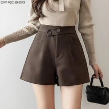 Vintage de cintura alta inverno woolen senhoras shorts casual rua wear solto perna larga feminino shorts botão até marrom preto curto femme