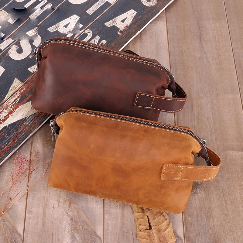 Crazy Horse Leather Retro Leather Wash Bag Multi-Function Storage Bag Top Layer Leather Men's Clutch Bag