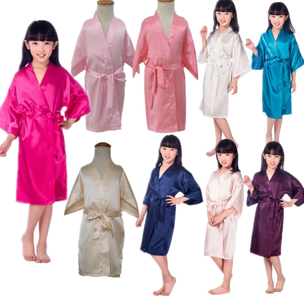 Batas de seda satinada para niñas, Kimono de baño para Spa, boda, fiesta de cumpleaños, albornoces infantil, camisón rosa para niños W3, venta al por mayor