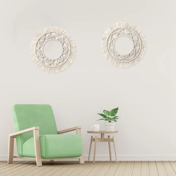 

Wall-Mounted Mirror Lace Fringe 2 Sets Of Small Round Decorative Boho Mirror Hand-Woven Decorative Frame