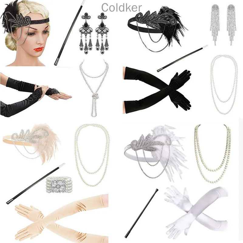 Ecoparty 1920s Женские аксессуары 20s Хлопушка Костюм Gasty повязка на голову серьги ожерелье перчатки держатель для сигарет