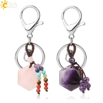 

CSJA Hexagram Natural Stone Keychains Reiki Quartz Crystal Key Chain Handbag Decor Motorcycle Keyring for Women Men Jewelry G532