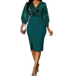 Elegant Bright Silk Diamond Midi Dress Women Fashion V-neck Puff Sleeve Slit Club Party Bodycon Dresses Casual Office Vestidos