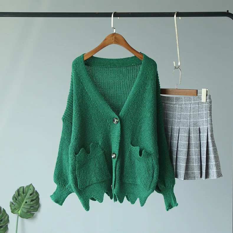 Womens Casual V Neck Oversized Knit Cardigan Sweater With Pockets Ladies Loose Jumpers Outwear Autumn Winter Pull Femme Q9311 - Цвет: Зеленый