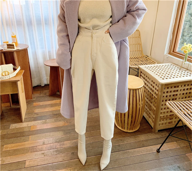 BGTEEVER – Jean Taille Haute en Denim Blanc pour Femme, Pantalon Harem à la Mode et Ample, Bouton, Streetwear, Printemps 2021