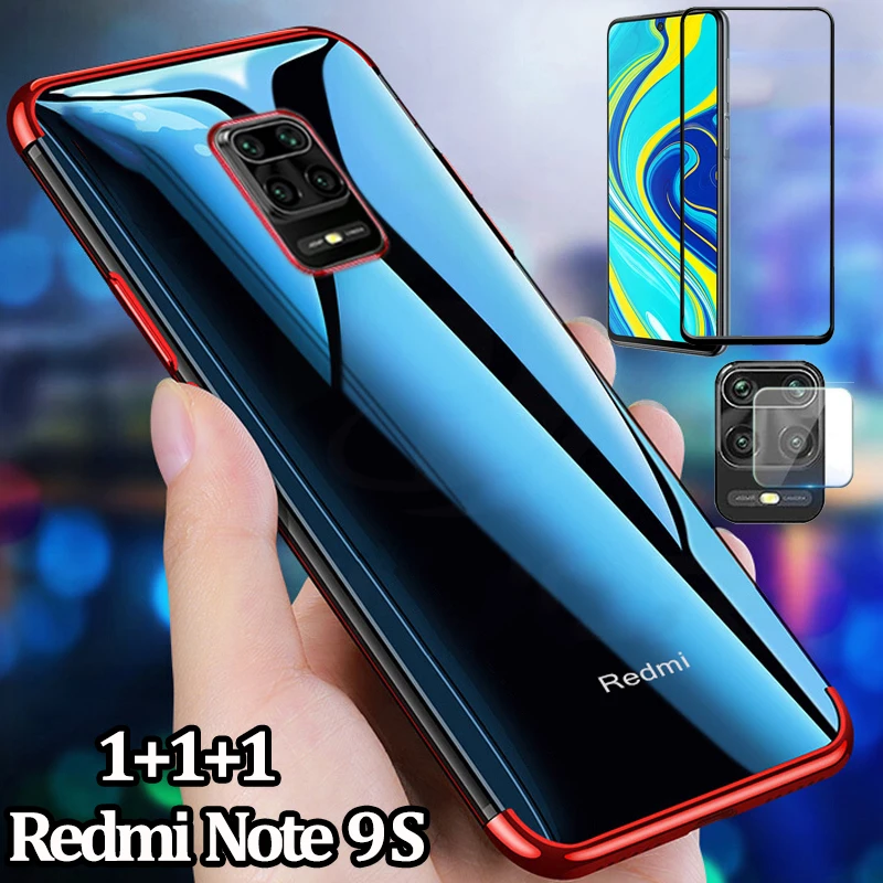 Чехол 3-in-1 Xiaomi Redmi Note 9s case + glass прозрачный стеклянный чехлы из мягкого ТПУ чехол для