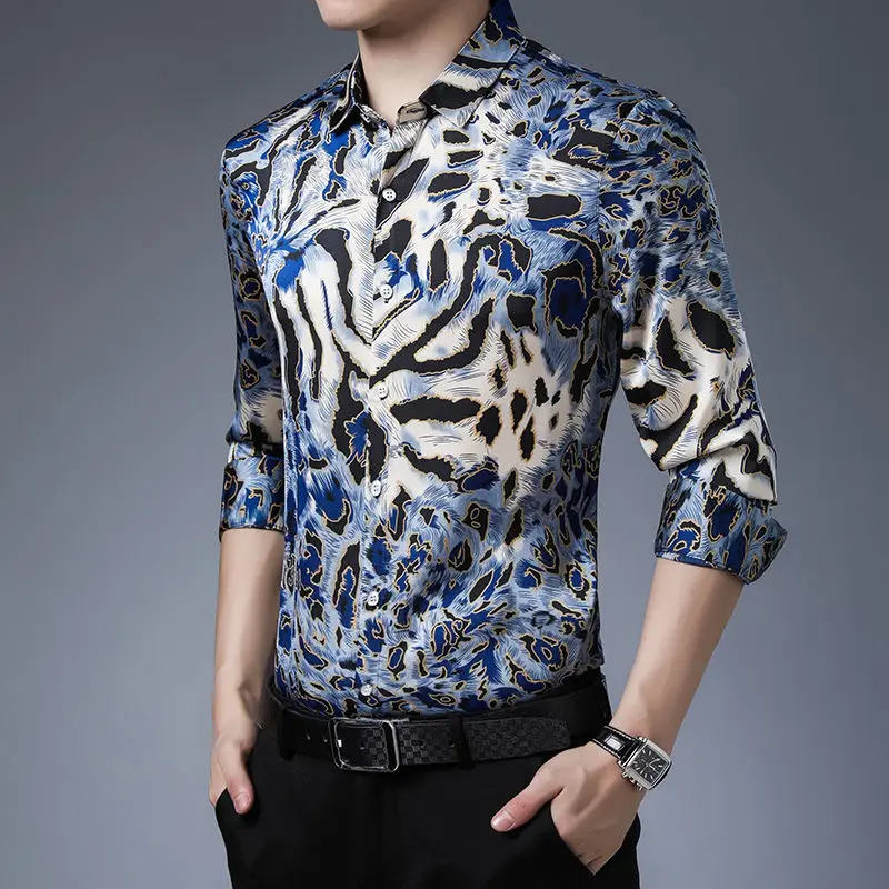 Blue Leopard Print Silk Shirts Mens 