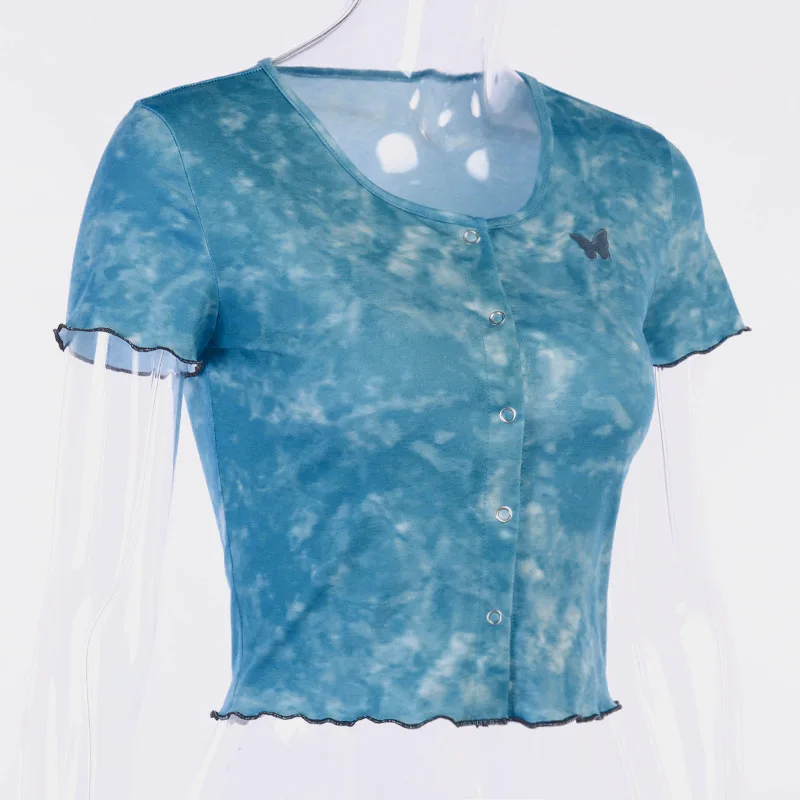 Blue Tye Die T Shirt Women Streetwear Harujuku Embroidery Butterfly Crop Top Button Tee Shirt Femme 90s Gothic Korean Clothes