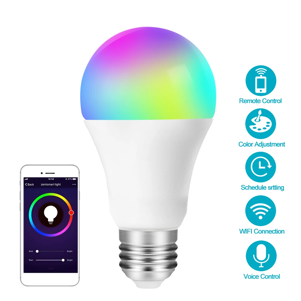 

E27 WiFi Smart Light Bulb,Dimmable,Multicolor,Wake-Up Lights,RGBWW LED Lamp,Compatible With Alexa Google Assistant