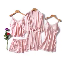 Сексуальное мини кружевное Женское ночное белье 4 шт короткие и брюки пижамный комплект элегантный однотонный розовый ночное белье Удобная Повседневная Мягкая атласная домашняя одежда
