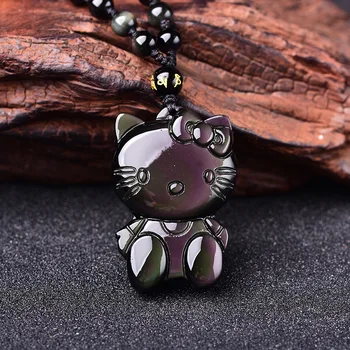 

Natural Obsidian Kitty Cat Pendant Rainbow Eye Obsidian Cat Necklace Sweater Chain Jewelry Wholesale
