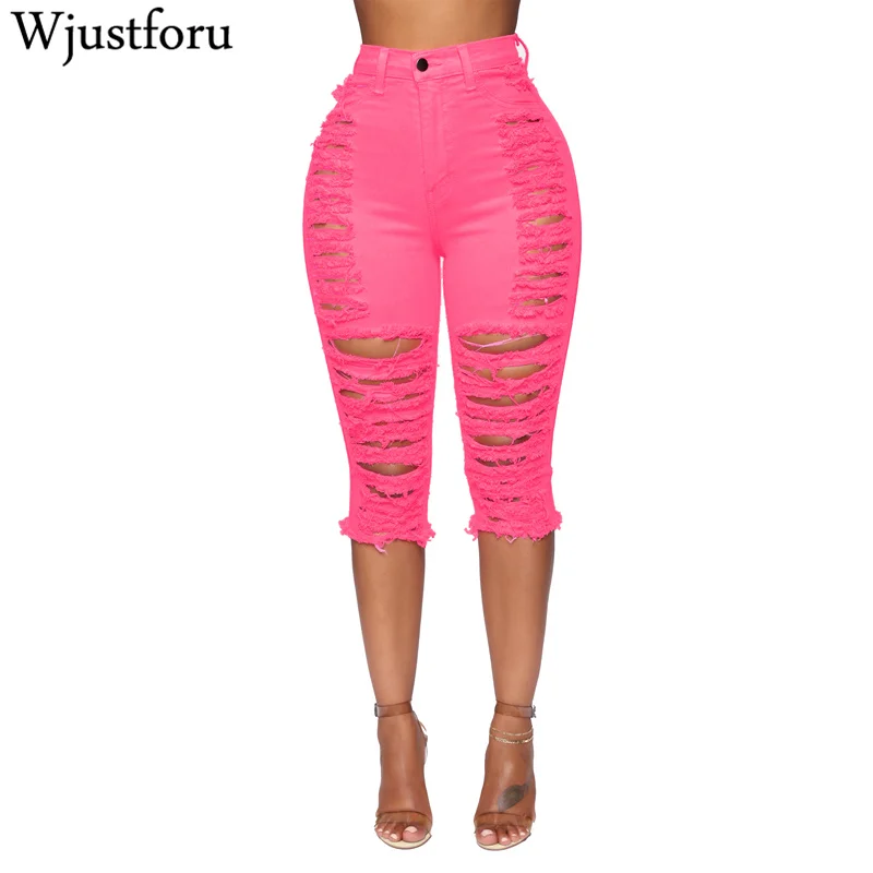 Wjustforu Denim Skinny Hole Jeans for Women Knee Length Capris Pants Femme Pink Sexy Ripped Fashion Bodycon Jeans Vestidos Wjustforu Denim Skinny Hole Jeans for Women Knee Length Capris Pants Femme Pink Sexy Ripped Fashion Bodycon Jeans Vestidos