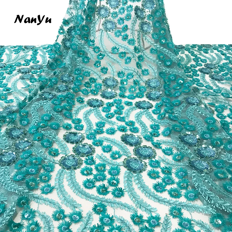 NanYu 3D блестки тюль Французский кружево Павлин узор вышитые ткани - Цвет: Green
