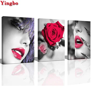 

3 piece Diy diamond embroidery Rose Women Sexy Red Lips 5d full rhinestones diamond painting cross stitch kits mosaic needlework
