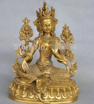 

Fast shipping 7'' China Tibet Pure Bronze Green Tara Buddha Statue