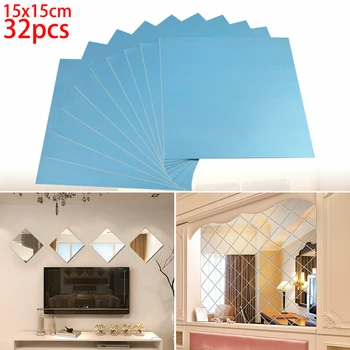 

32 Pcs Mirror Tiles Back Square Bathroom Wall Stickers Mosaic Durable And Practical To Use