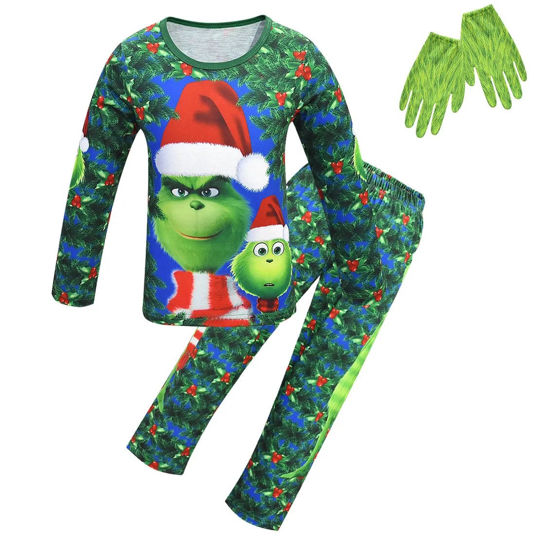 Детский карнавальный костюм Grinch, пижама с маской+ шарфом+ перчатками, домашний комплект для мальчиков, Рождественская одежда, одежда для сна для мальчиков, одежда для сна