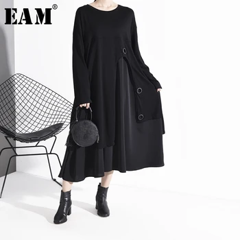 

[EAM] Women Black Split Big Size Midi Dress New Round Neck Long Sleeve Loose Fit Fashion Tide Spring Autumn 2020 1N73401