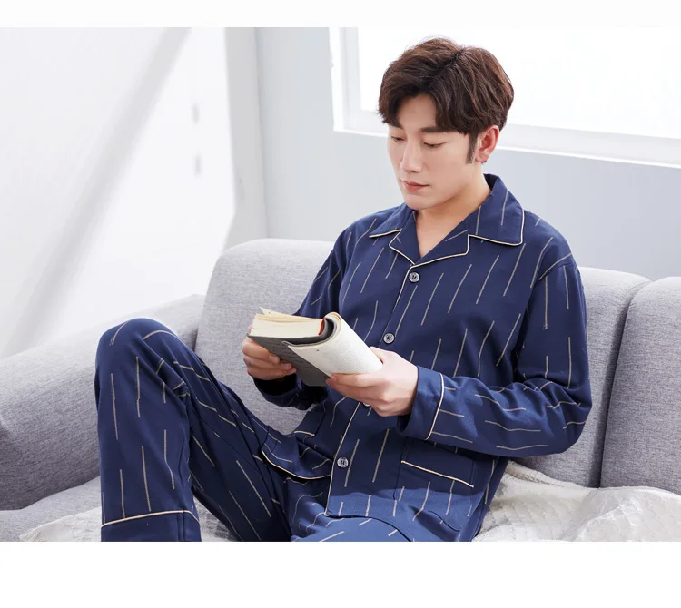 Casual Striped Cardigan Homewear Cotton Pajamas Sets For Men Autumn Winter Long Sleeve Pyjama Male Lounge Home Clothes