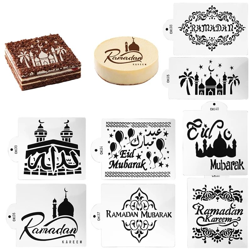 CADANIA Stampo per Dolci 3 Pezzi/Set Eid Mubarak Ramadan caffè Fiori Spray Stencil Moschea Biscotti Cottura 