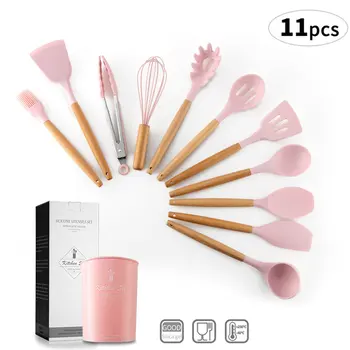 

Silicone Kitchenware Set With Wooden Handle Bpa Free Friendly Dealing With Non Stick Surfaces Tool Green 11 Pcs/Set